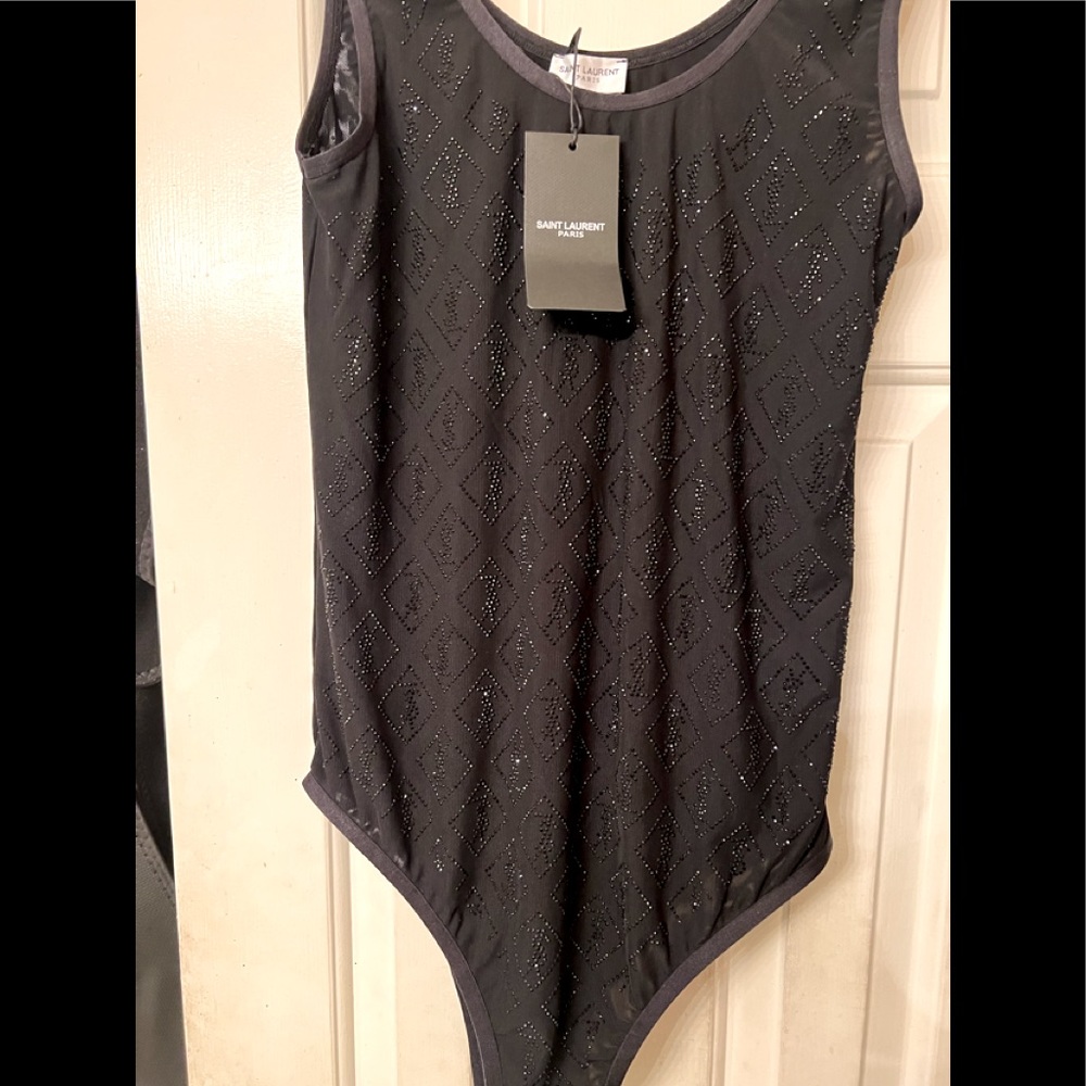 YSL Embellished Black crystal Logo Bodysuit.BNWT. Perfect condition.